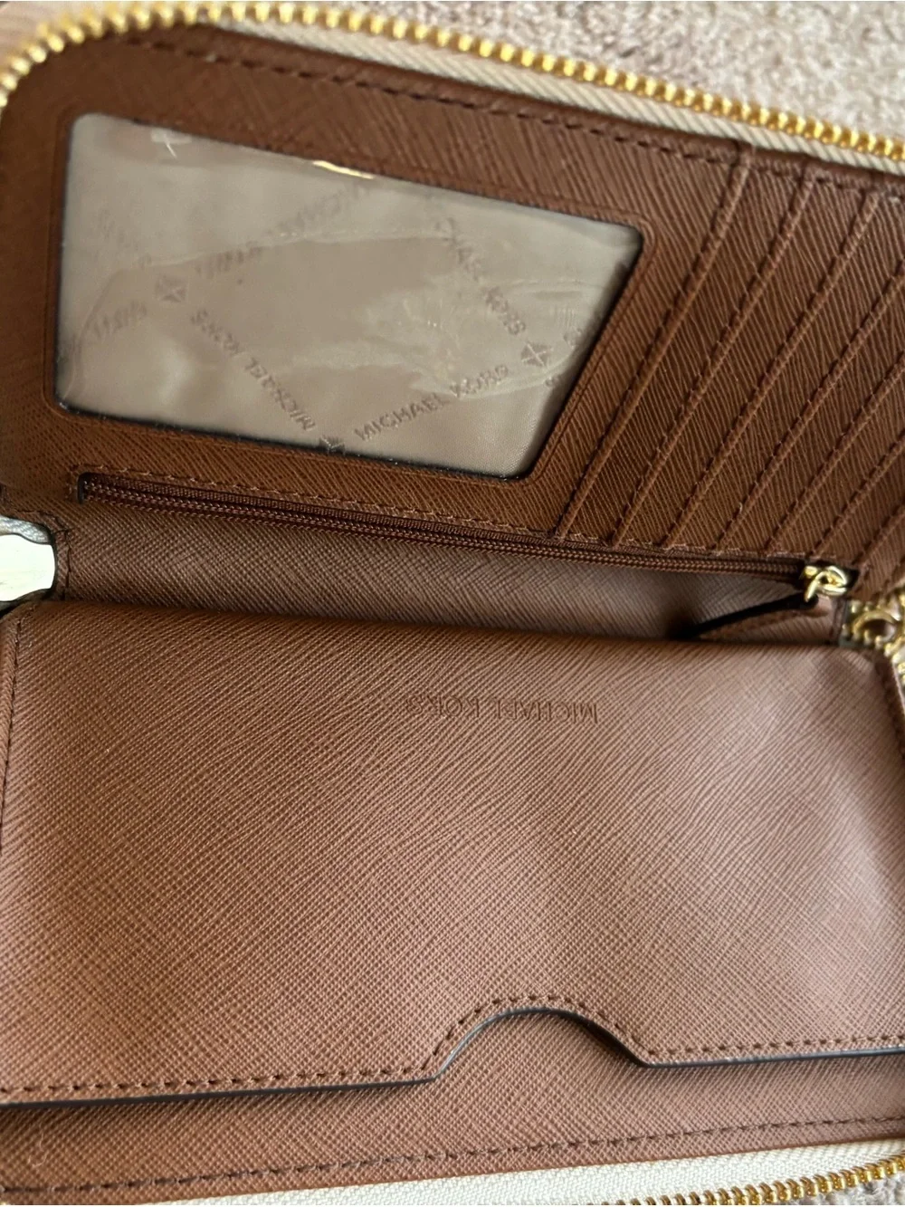Michael Kors Cream Logo Satchel with Brown Trim and Matching Wallet